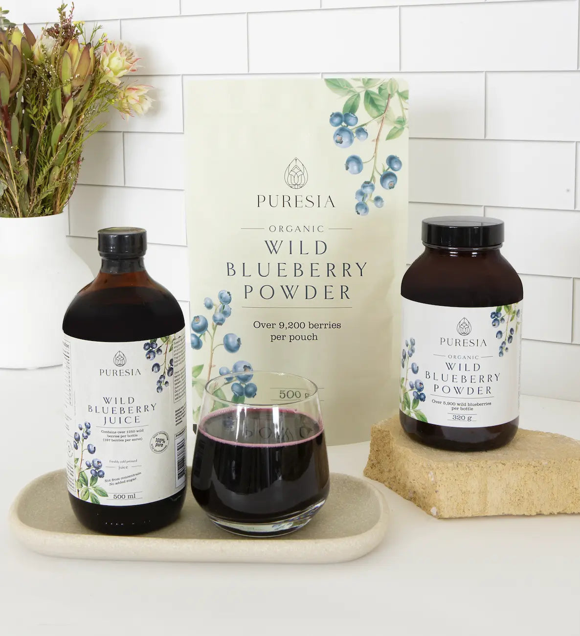 Photograph of Puresia's best organic wild blueberry powder and juice