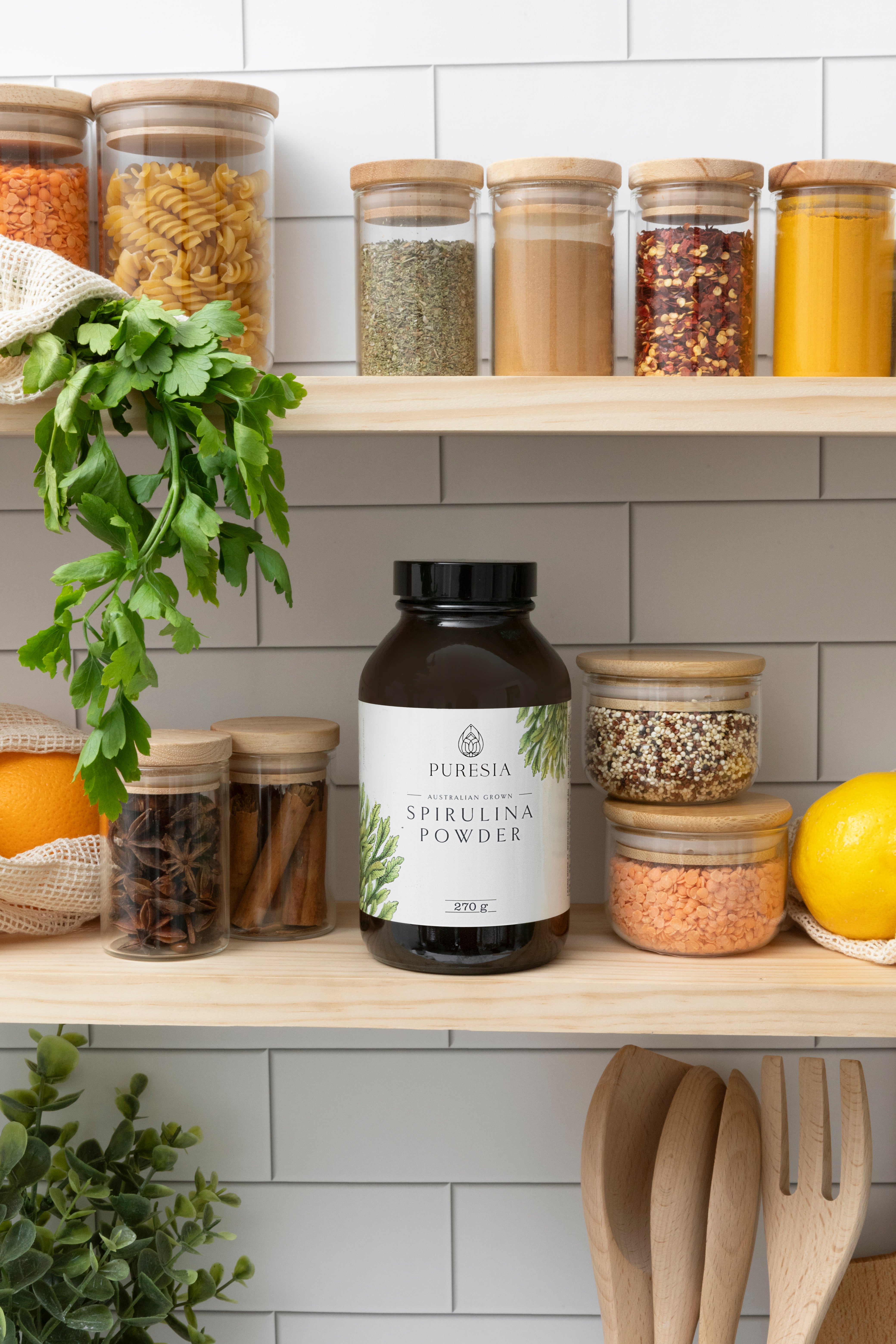 Bottled spirulina powder in a pantry